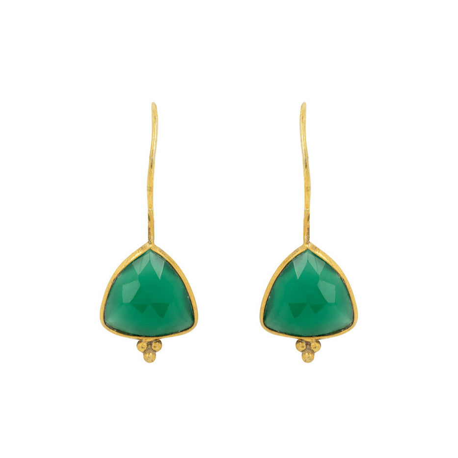 Pair of green teardrop earrings with gold hooks on a white background